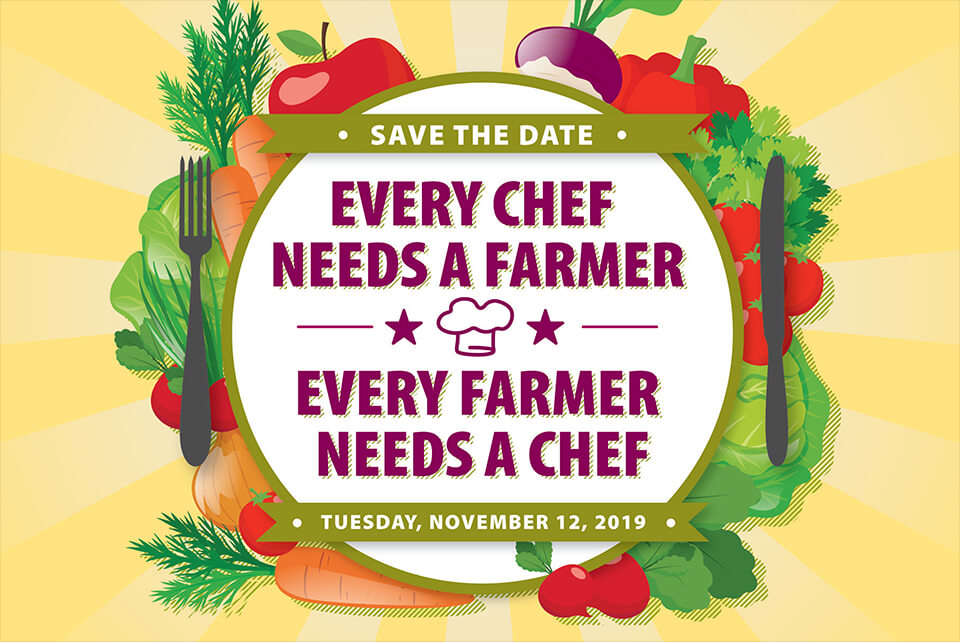 Circle graphic with vegetables around it. Text in circle reads: Every chef needs a farmer, every farmer needs a chef.