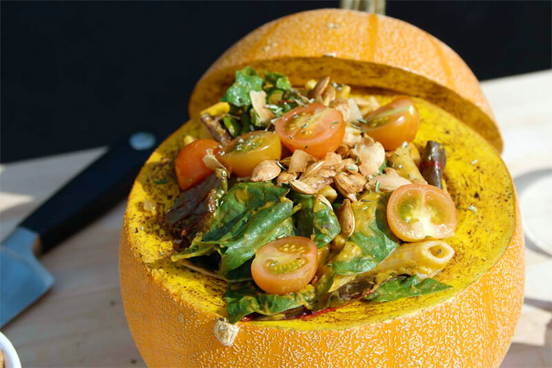 Roasted pumpkin penne by Chef David Speight served in a pumpkin.