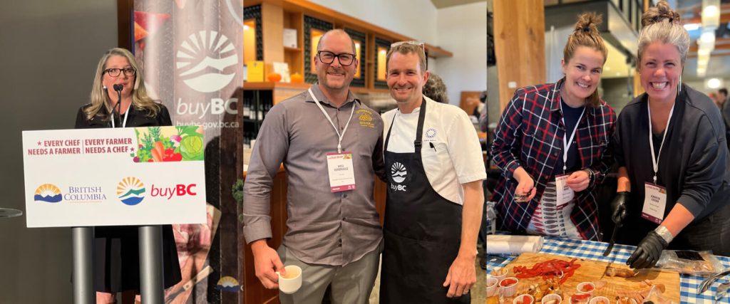 Collage of three photos from ECNF event. Speaker at podium, a chef and event worker smiling, and two event workers smiling and chopping samples.