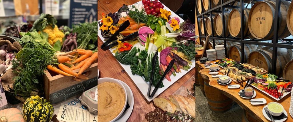 Three photo collage of colourful vegetable boxes and platters at the third ECNF event.