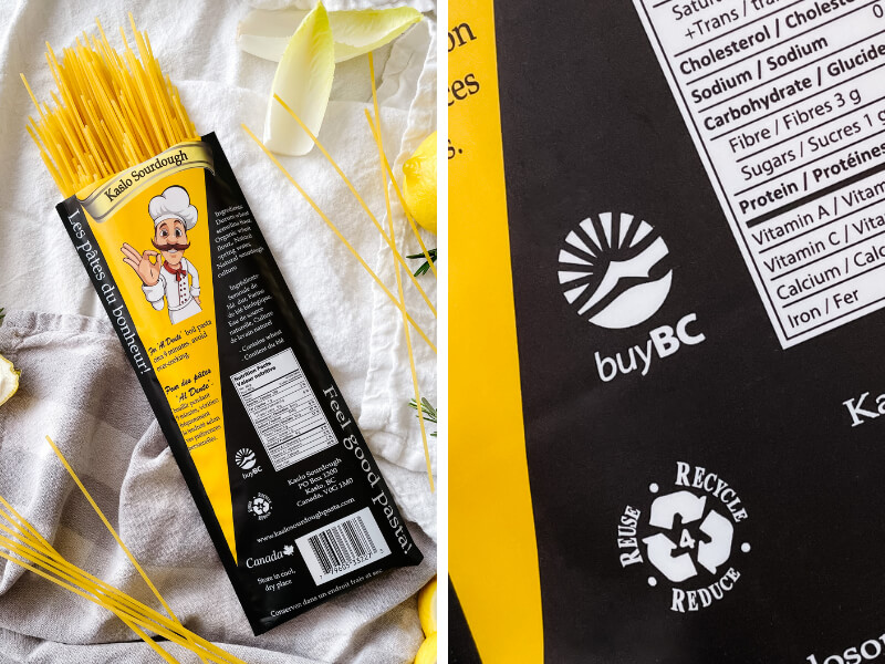 Image of packaged Kaslo Sourdough pasta with closeup of Buy BC logo.