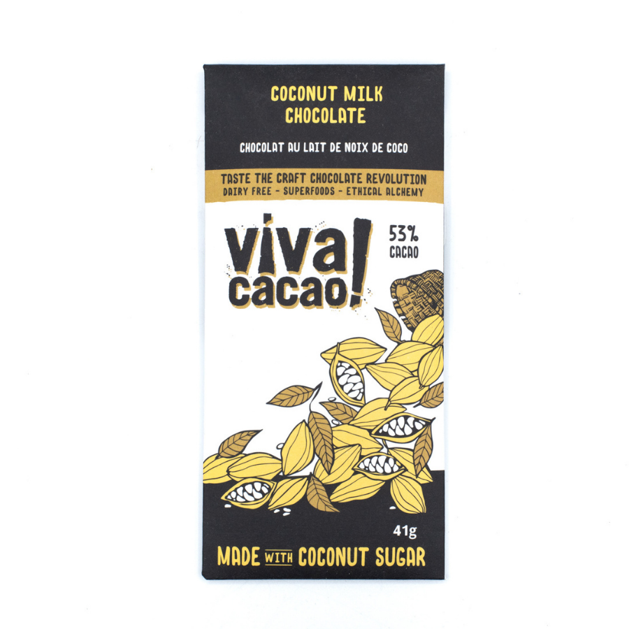 Chocolate bar label for Viva Cacao's Coconut Milk Chocolate. Label is black, gold, and white with yellow illustration of cocoa beans.