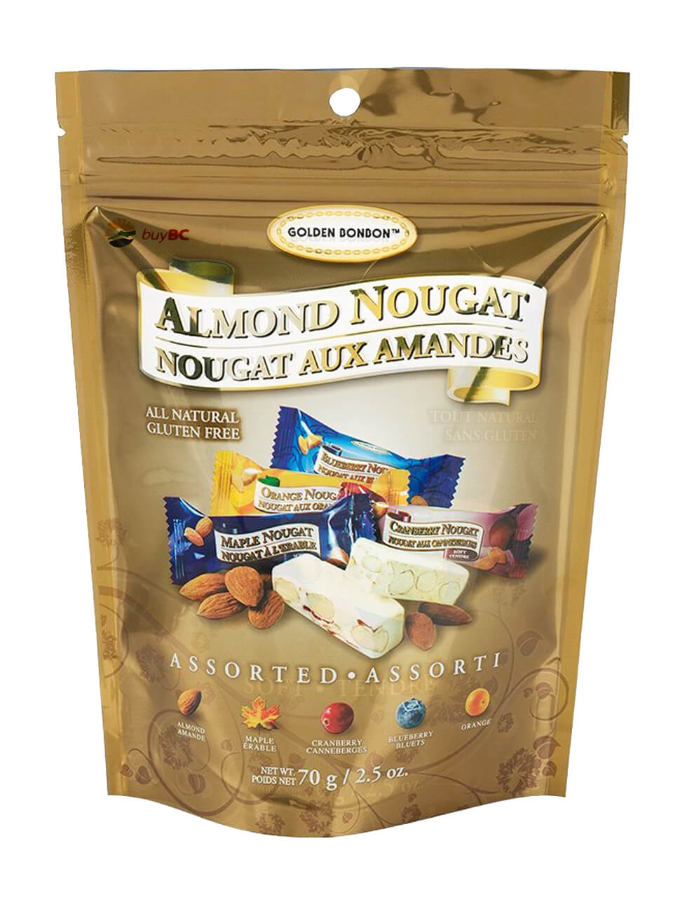 Gold foil bag reading "Golden Bonbon. Almond Nougat". Picture on front has almond nougats in and outside of individual wrappers.