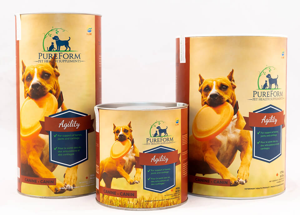 Three different sized containers of Pure Form Agility supplement. Label shows muscular dog catching frisbee.