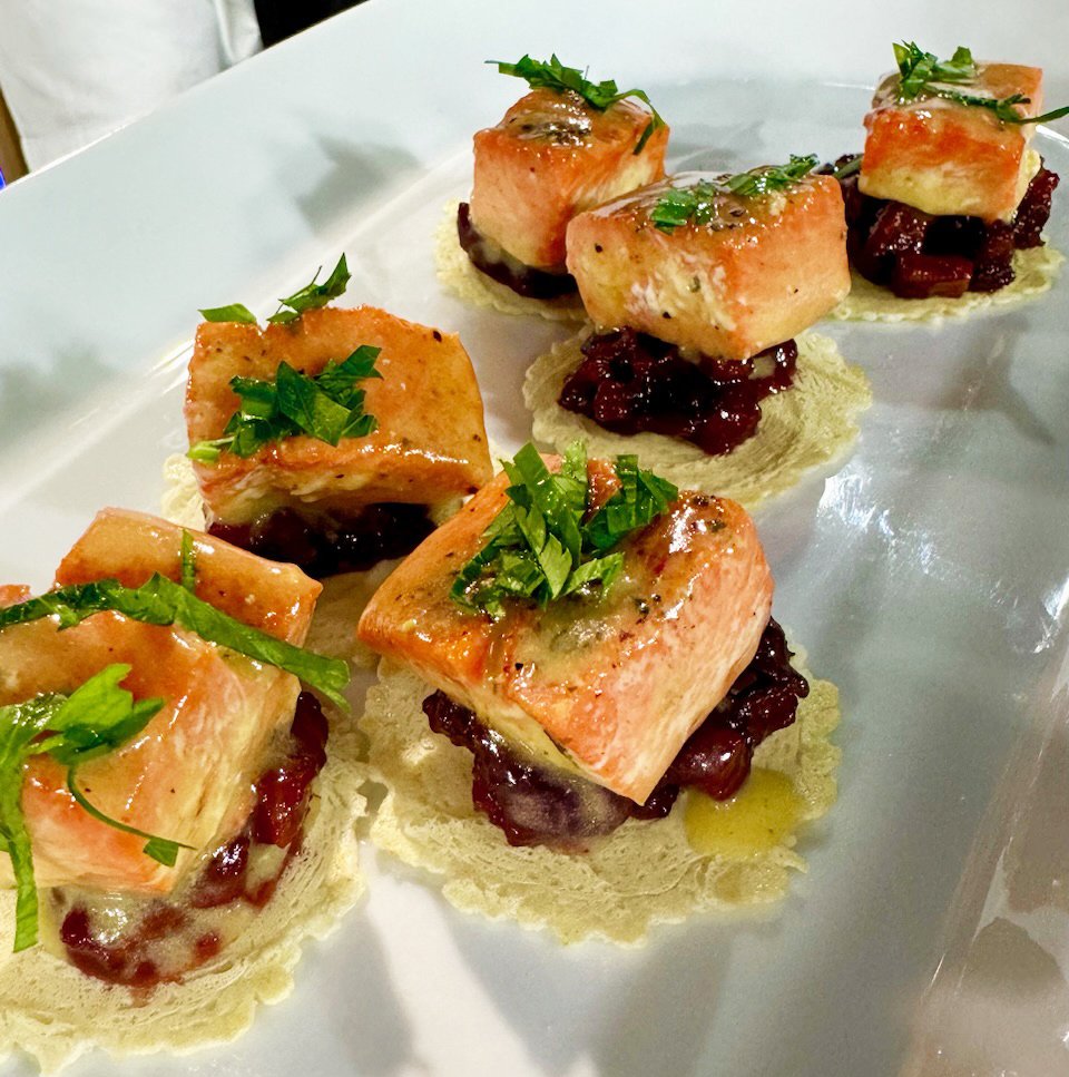 Maple baked Wild BC salmon snacks with bacon cranberry relish